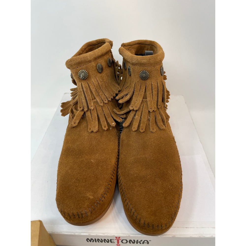 Minnetonka Double Fringe Side Zip Boot Womens 7 Brown Excellent Suede Concho 693 - Picture 2 of 11